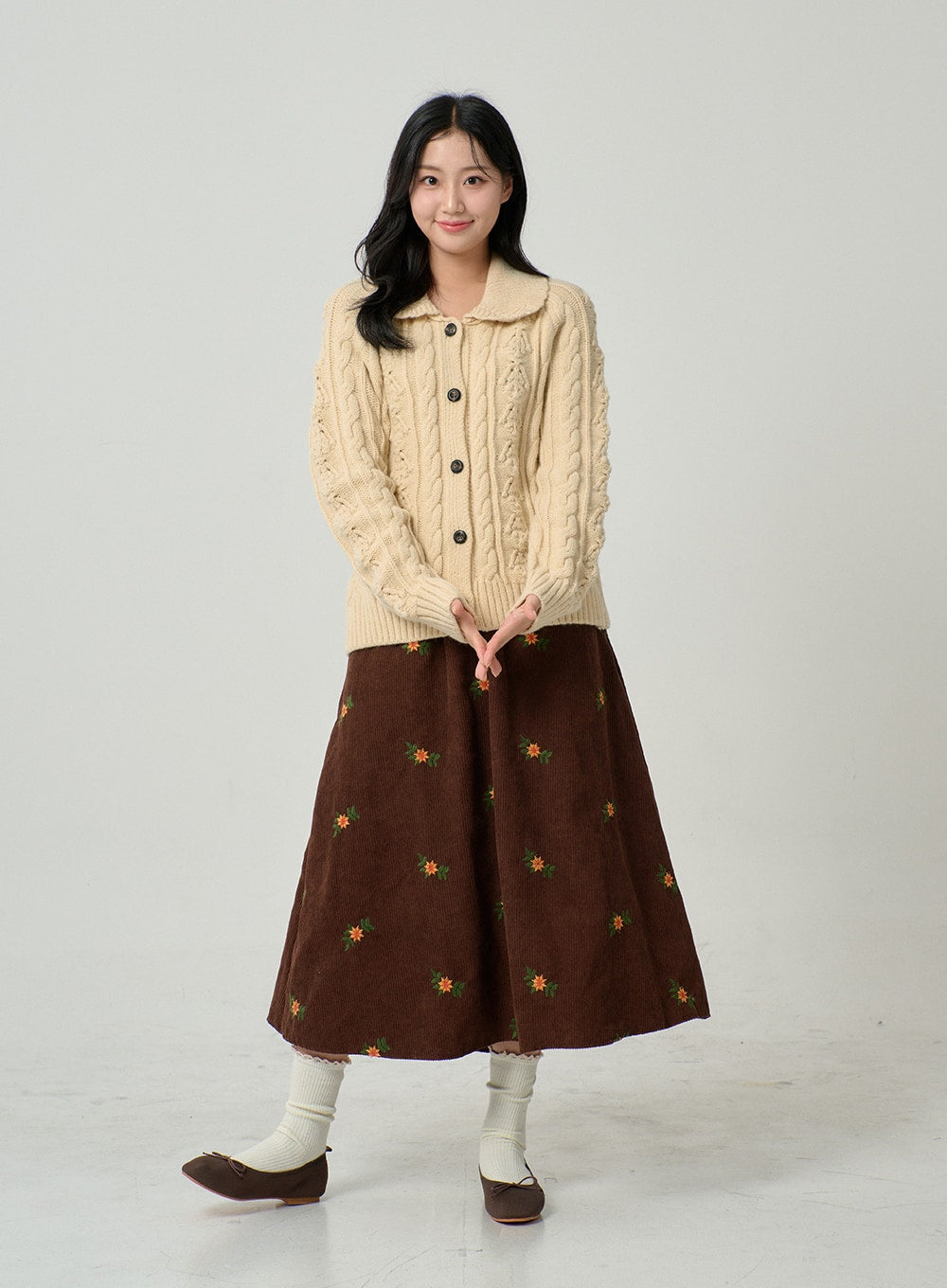 Corduroy Embroidery Flower Long Skirt BN04