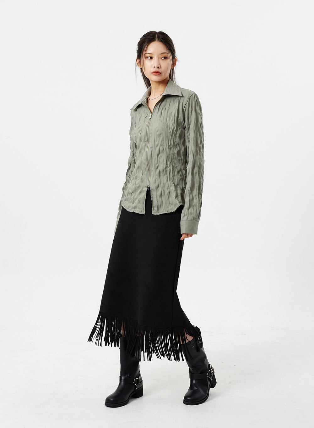 Green maxi skirt top with fringe