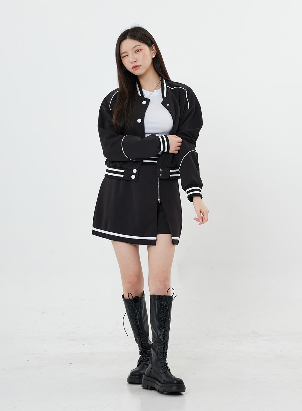 Two Color Sporty Button Jacket And Mini Skirt Set BO20