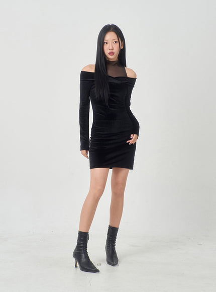 Velvet Off-Shoulder Mesh Neck Mini Dress BD23