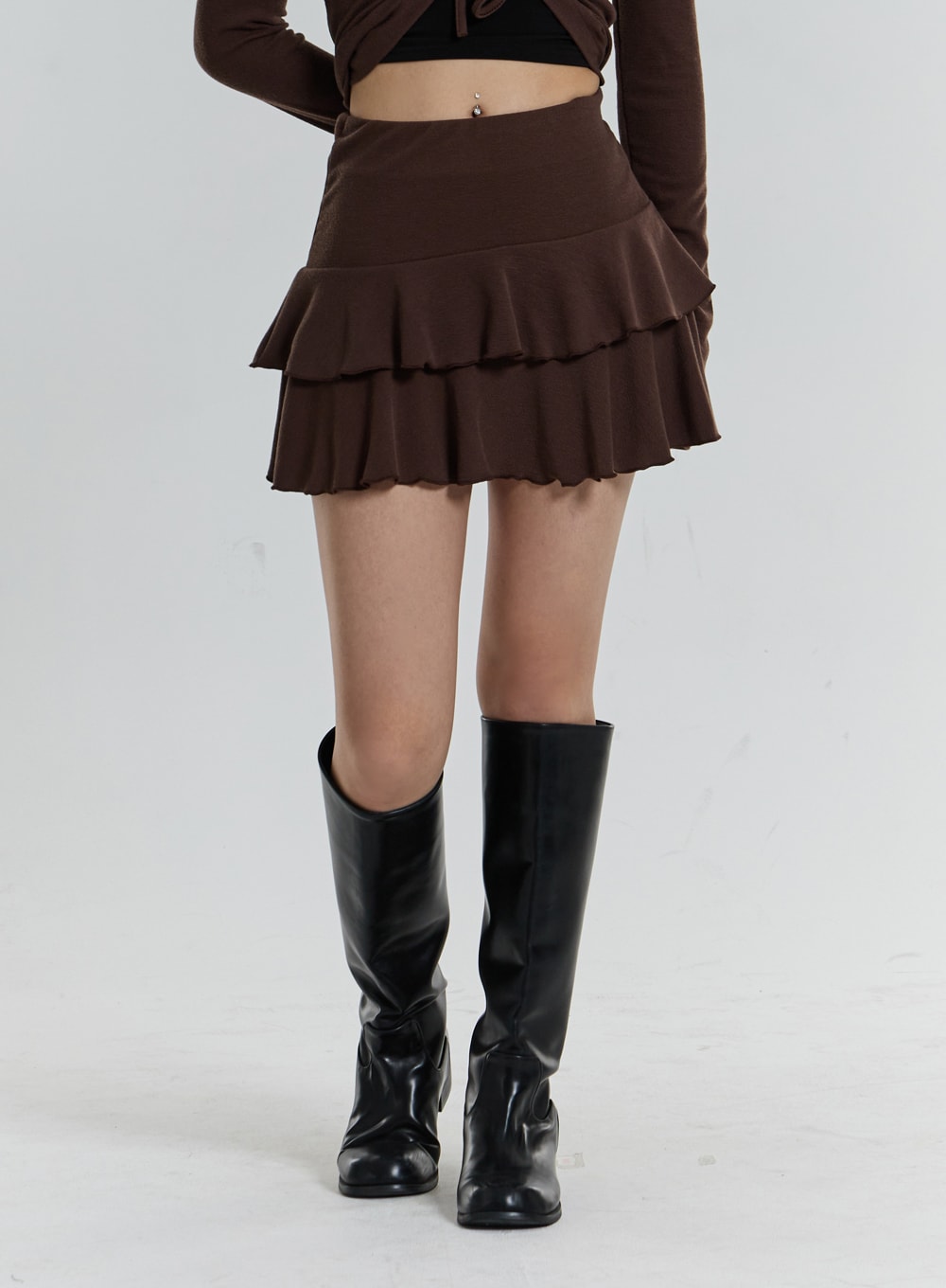 Front Tie Cardigan And Wavy Mini Skirt Set CN24