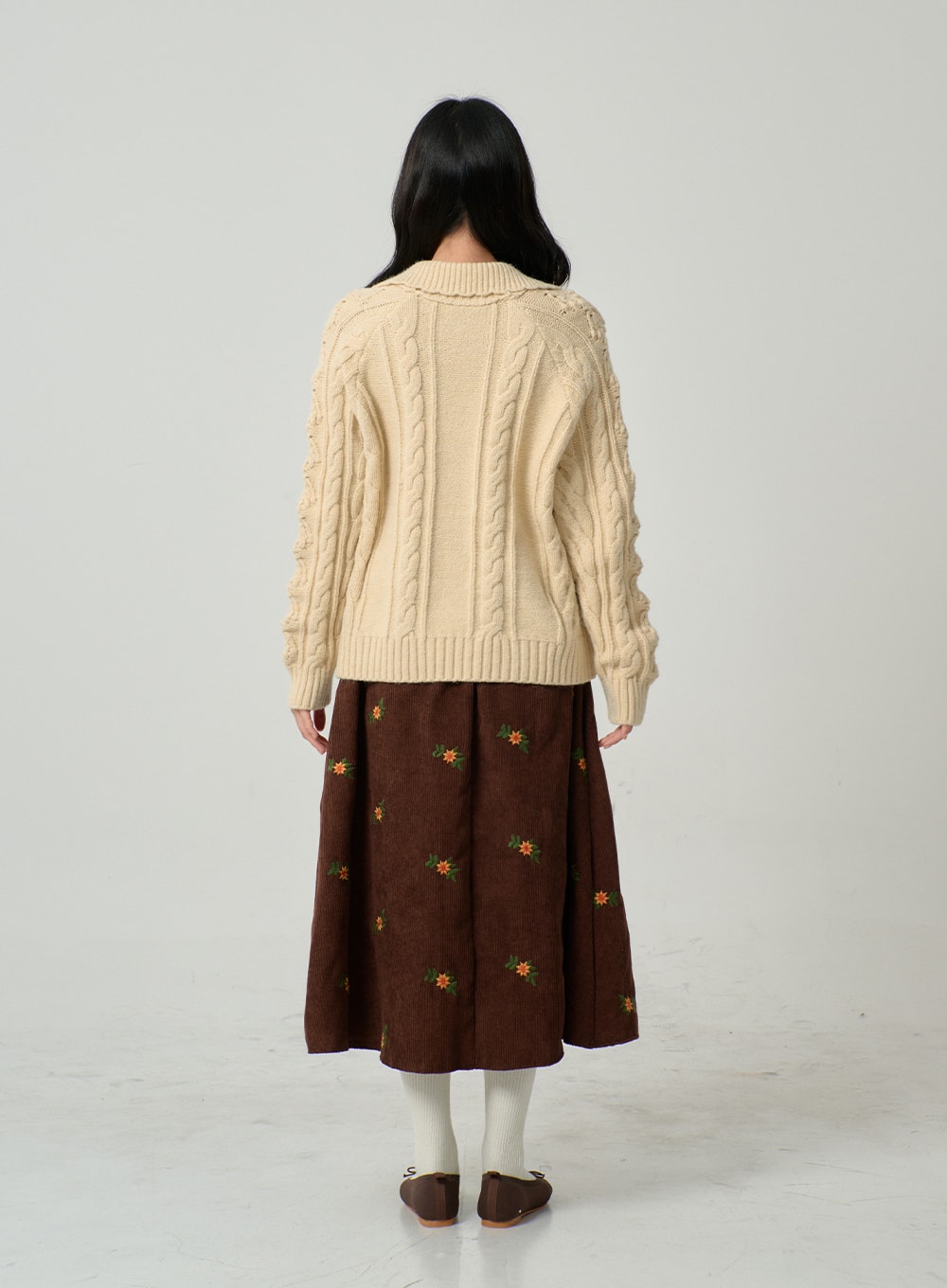 Corduroy Embroidery Flower Long Skirt BN04