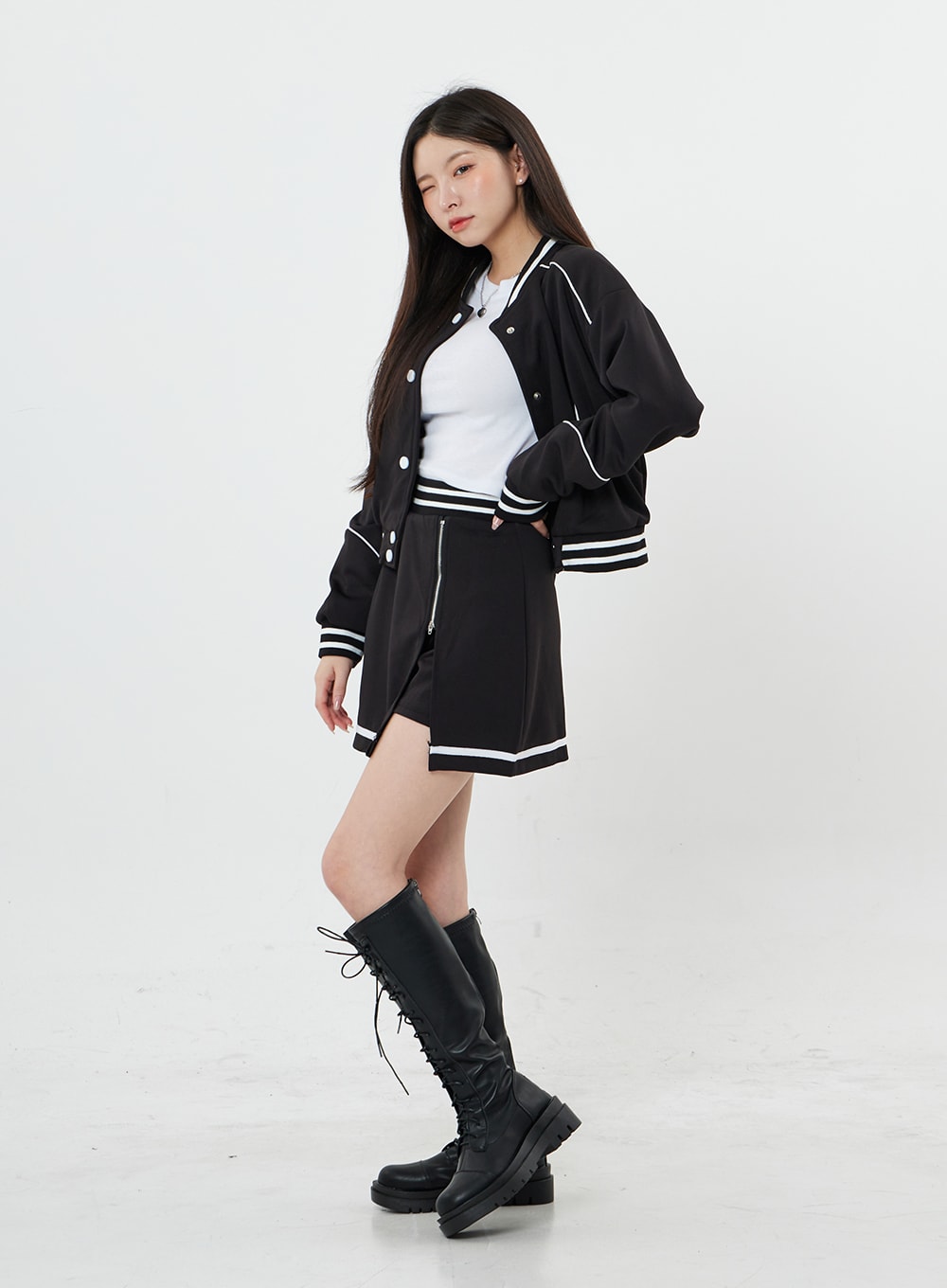 Two Color Sporty Button Jacket And Mini Skirt Set BO20