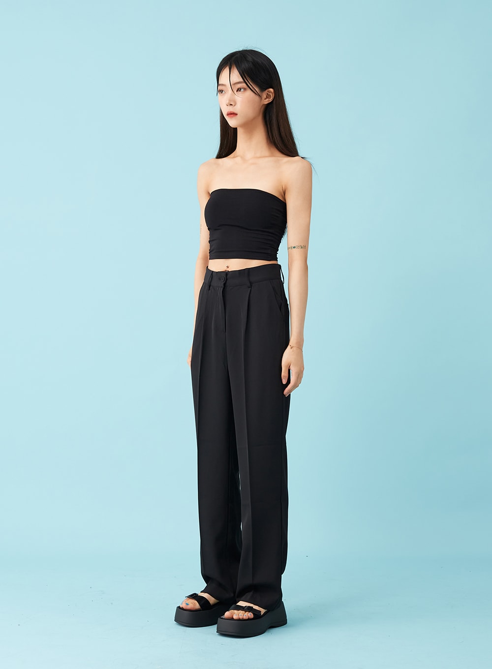 Single Pin-tuck Semi Wide Leg Tailored Pants BU15 - Lewkin