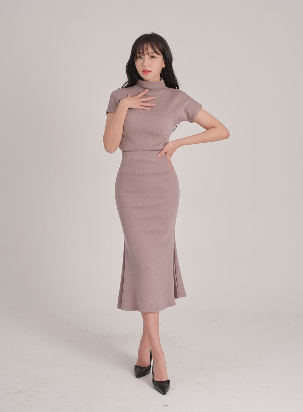 Fleece Lined Half Turtleneck Top and Mermaid Skirt Set L2401 - Lewkin