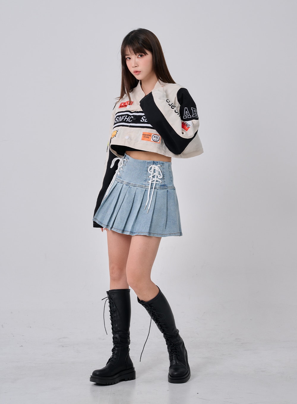 Double Ribbon Half Pleated Denim Mini Skirt BO26 - Lewkin