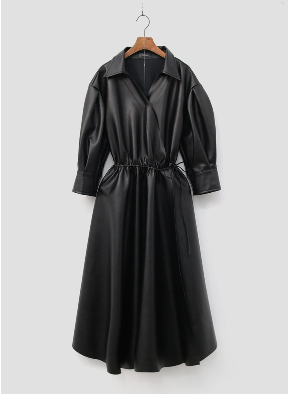 Faux Leather Wrap Style Midi Dress IA16