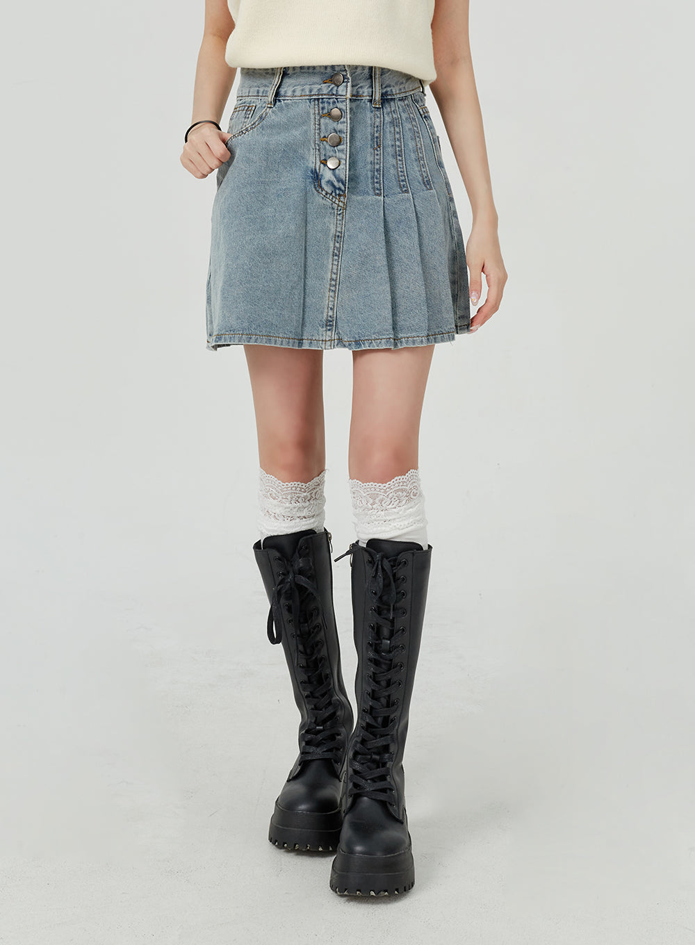 Pleated Denim Mini Skirt BM322