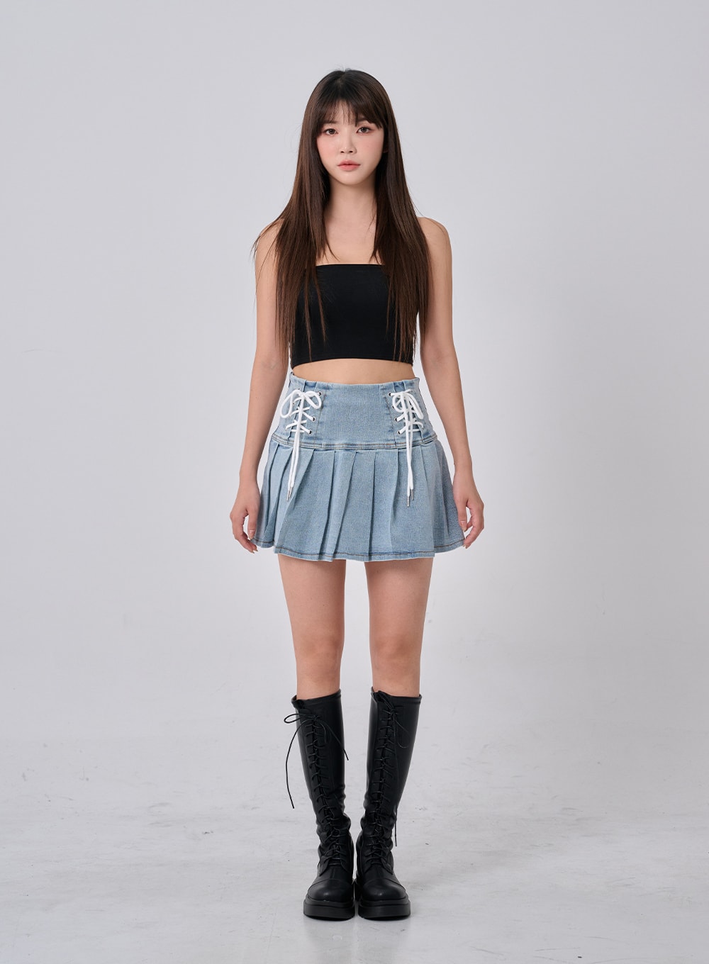 Pleated Denim Mini Skirt - Black