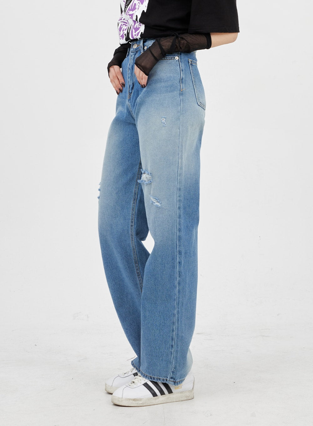 Porstina - Low Rise Ripped Wide Leg Jeans