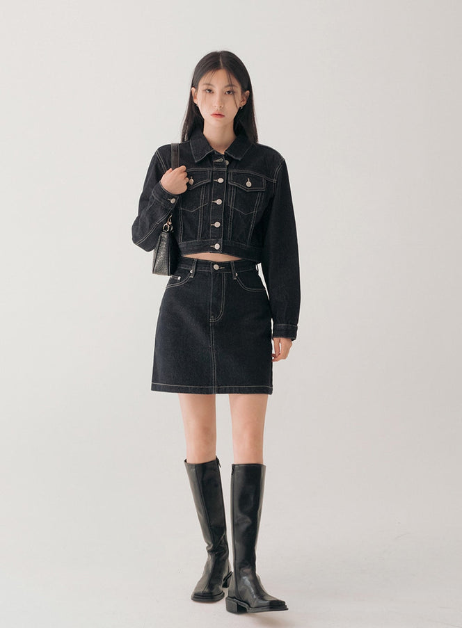 Denim Jacket and Mini Skirt Set - Korean Women 